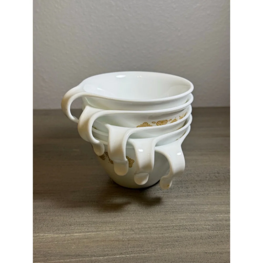Set of 5 vintage Corelle Butterfly Gold flat cups hook handles by Corning